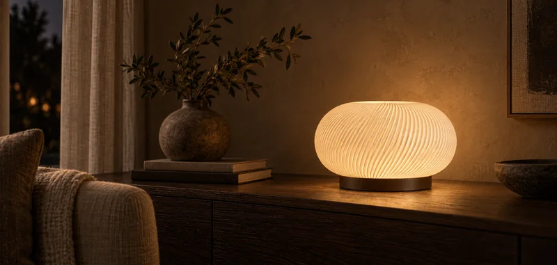 Pebble visualized as a small pool of light along an oak console